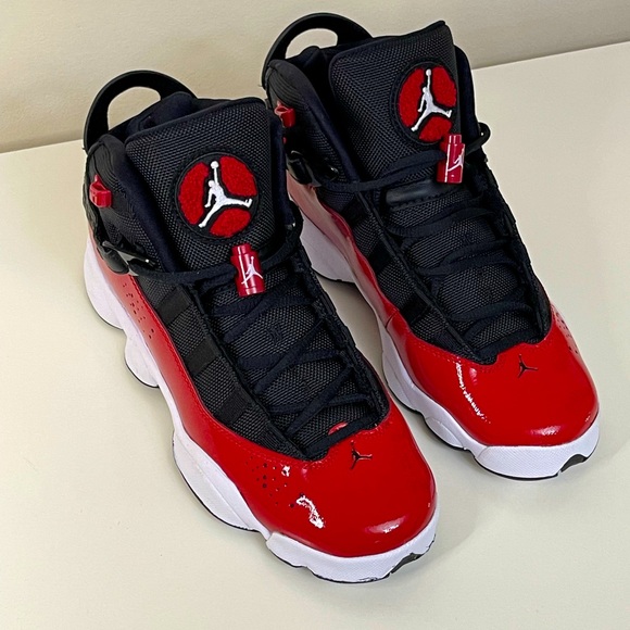 SOLD 😃 NEW AUTHENTIC AIR JORDAN Red Patent & BlK Mid-Top Sneakers - Picture 5 of 13